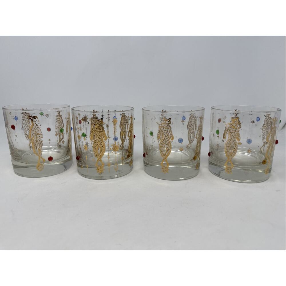 Set Of 4 Culver Mardi Gras Harlequin Old Fashioned Glasses 3 1/2" tall gems MCM